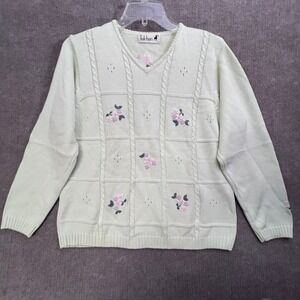 Tulchan Womens Sweater Large Green Floral Embroidered Knit V Neck